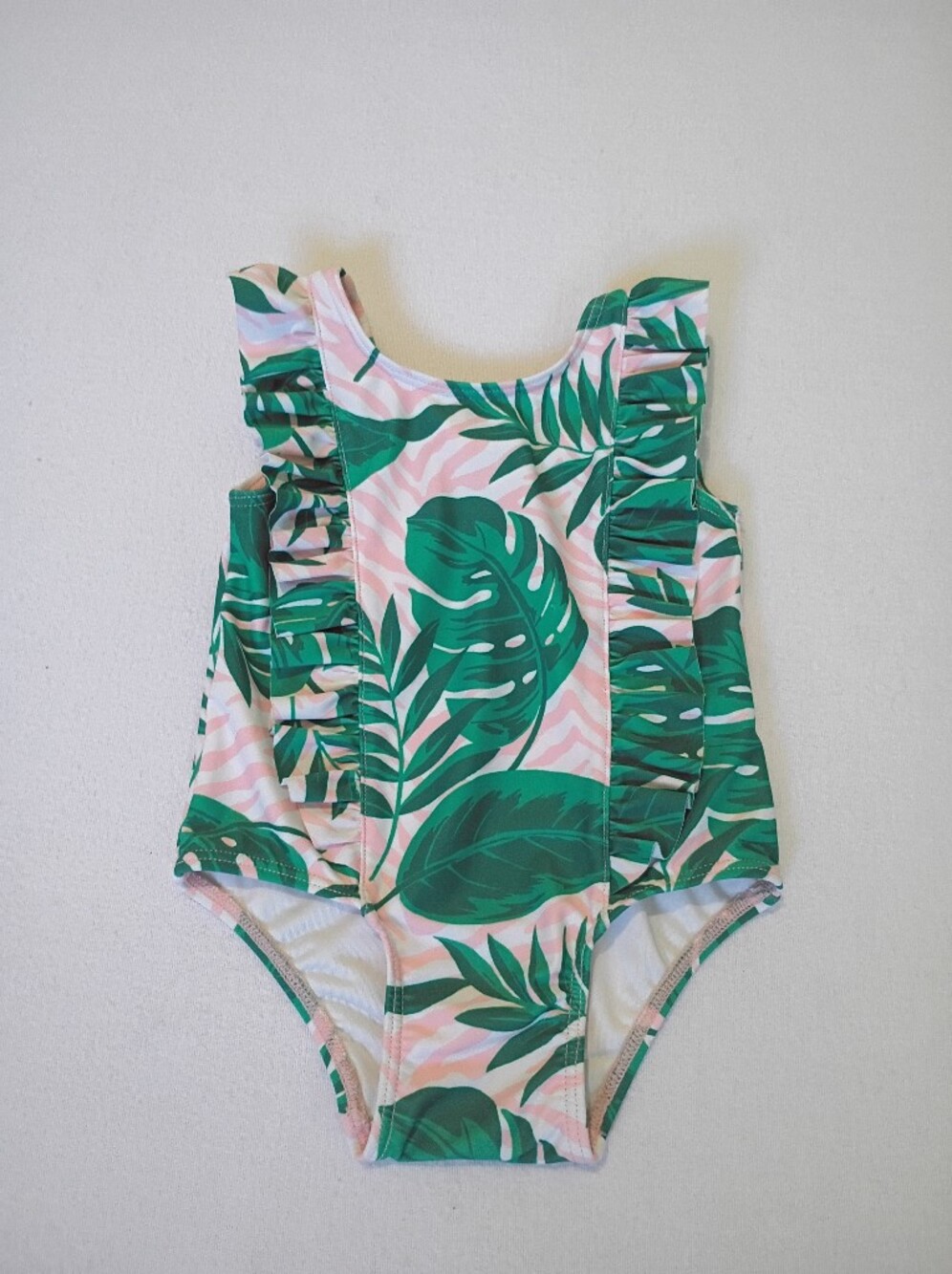 Harper Canyon Girls' One-Piece Swimsuit in Green and Pink Tropical Leaf Print